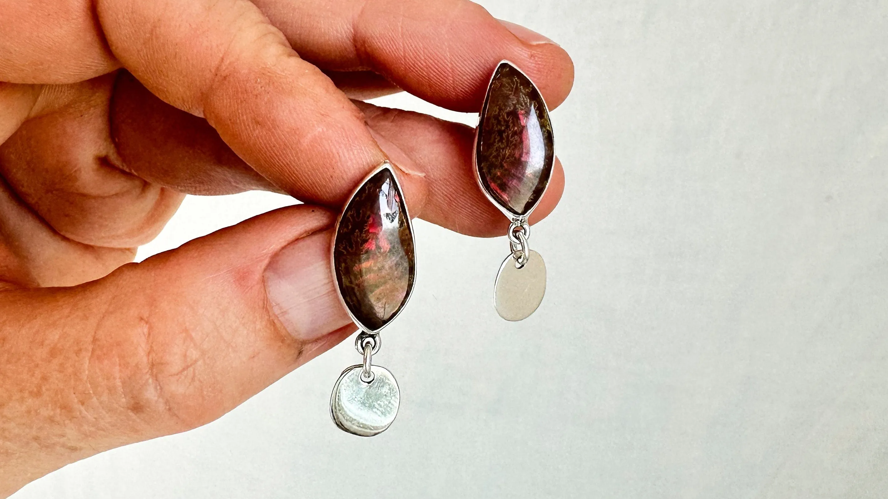 Ammonite & Sterling Silver Drop Earrings. 1312