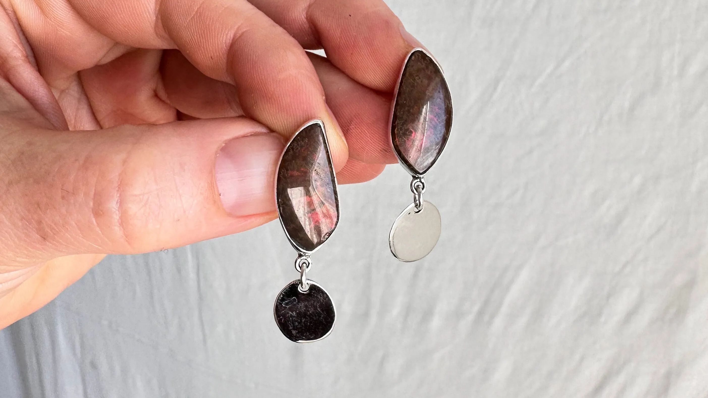 Ammonite & Sterling Silver Drop Earrings. 1323