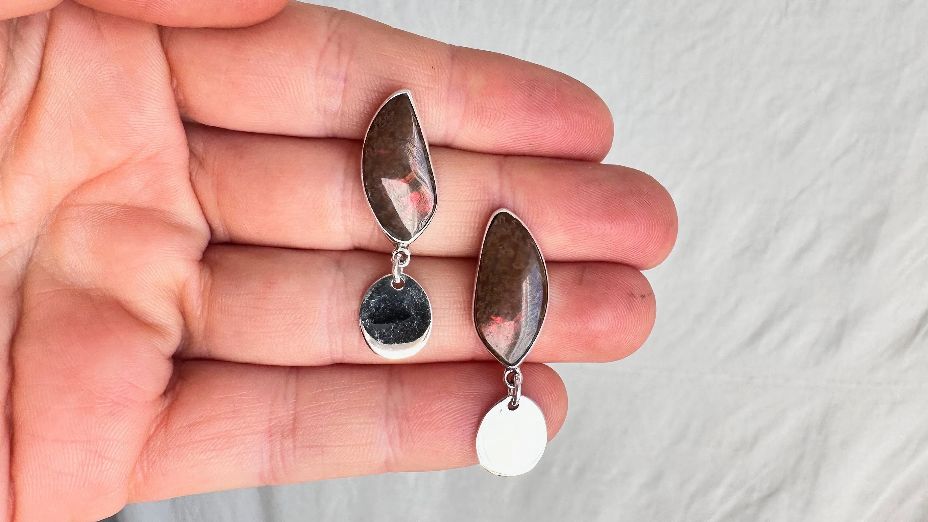 Ammonite & Sterling Silver Drop Earrings. 1323