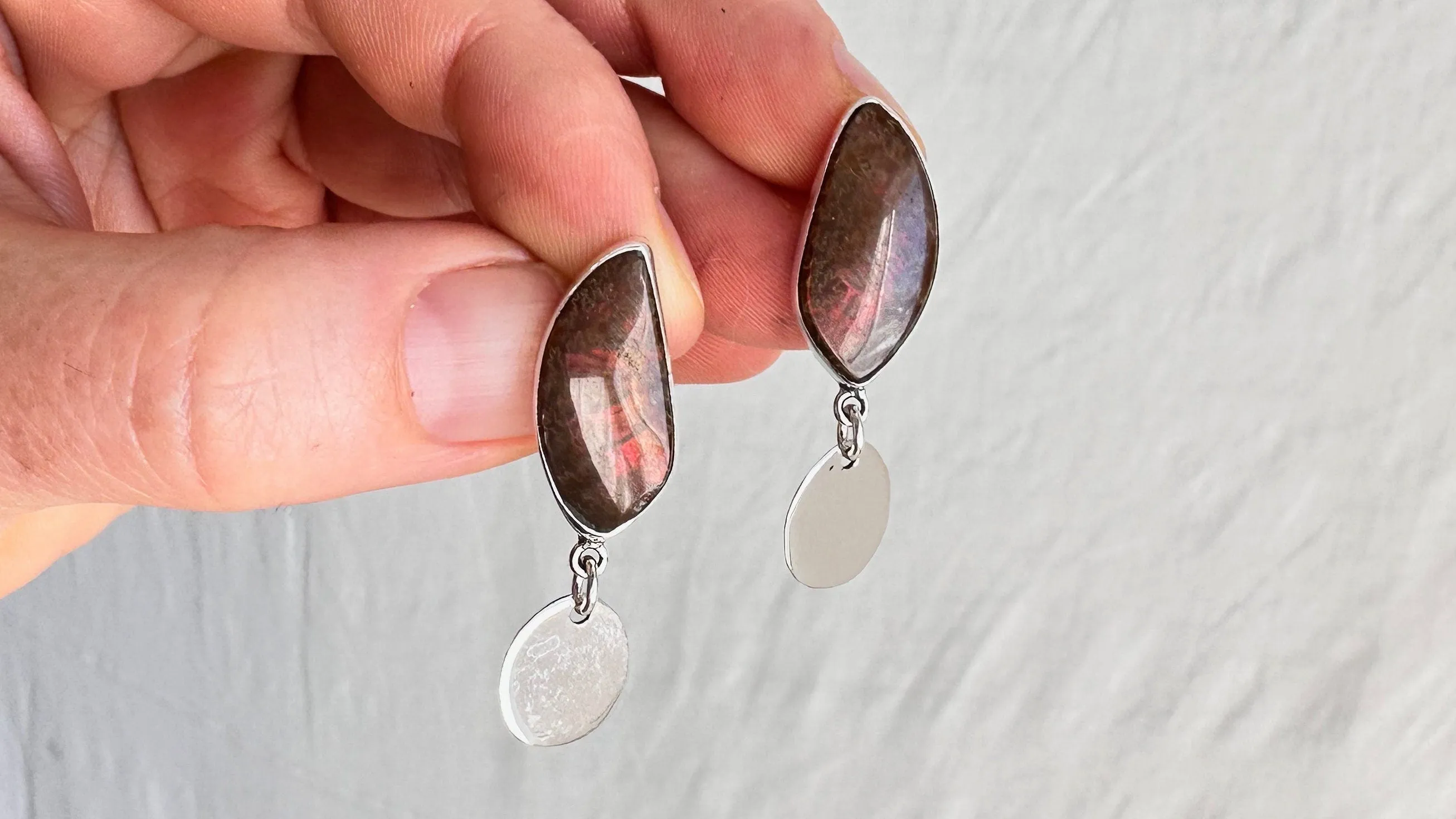 Ammonite & Sterling Silver Drop Earrings. 1323