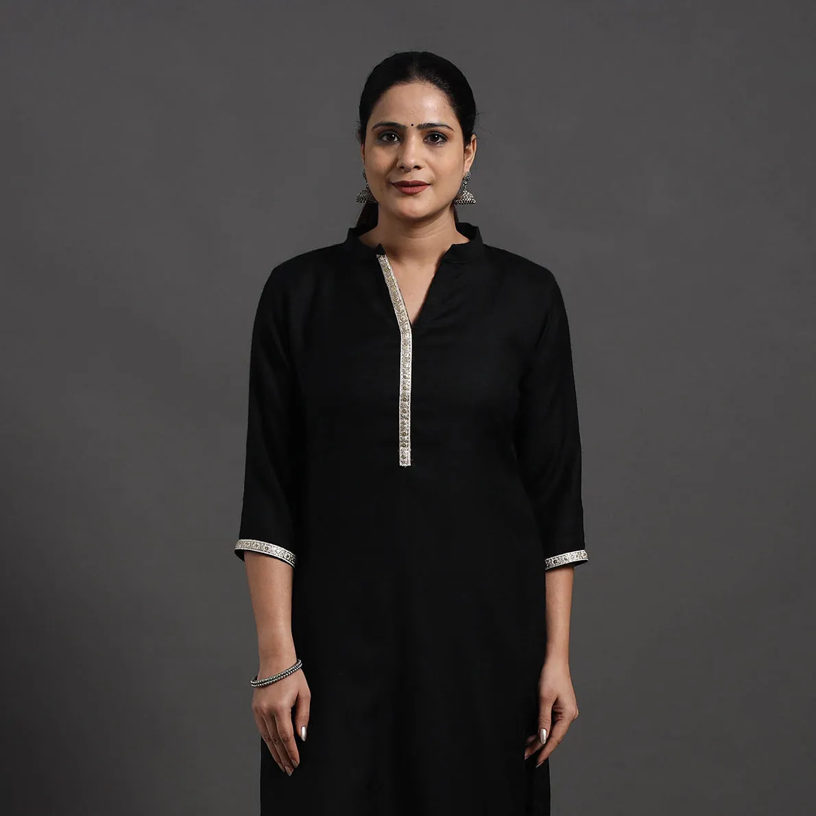 Black - Mahnoor Plain Handwoven Merino Woolen Kurta