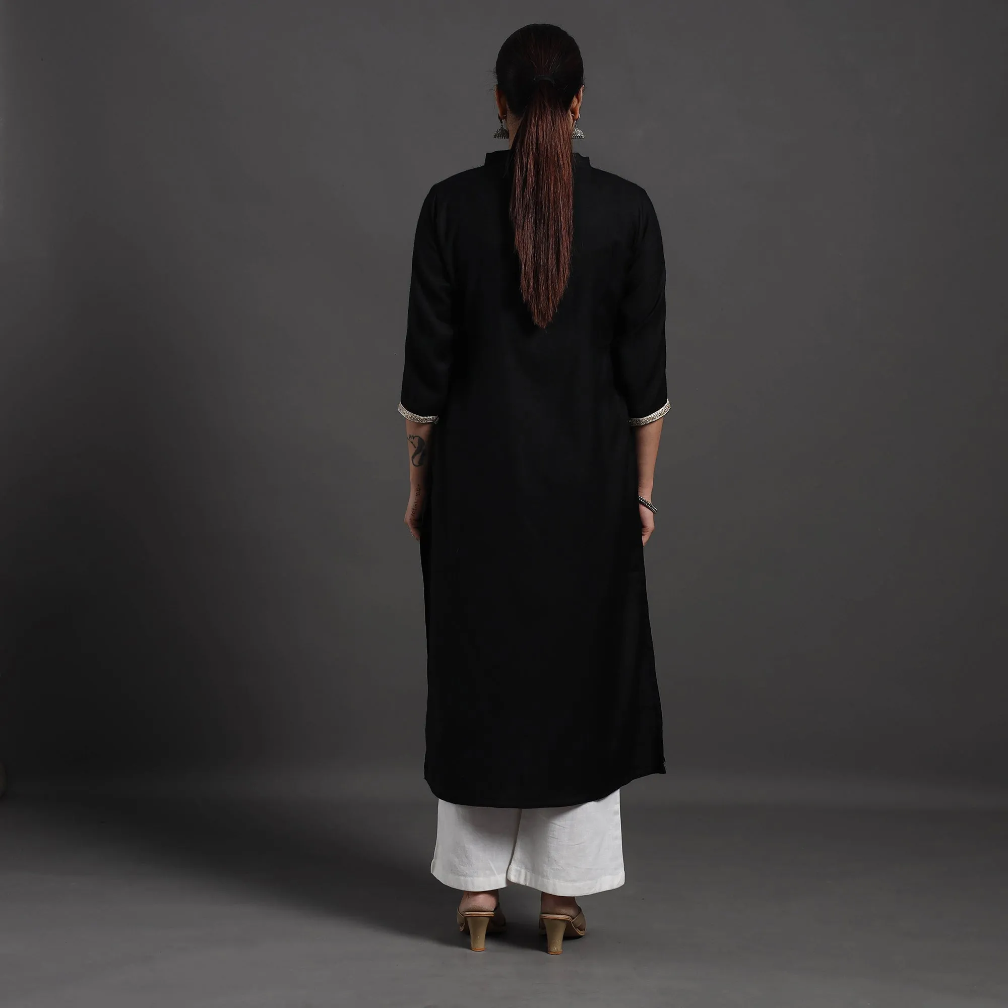 Black - Mahnoor Plain Handwoven Merino Woolen Kurta