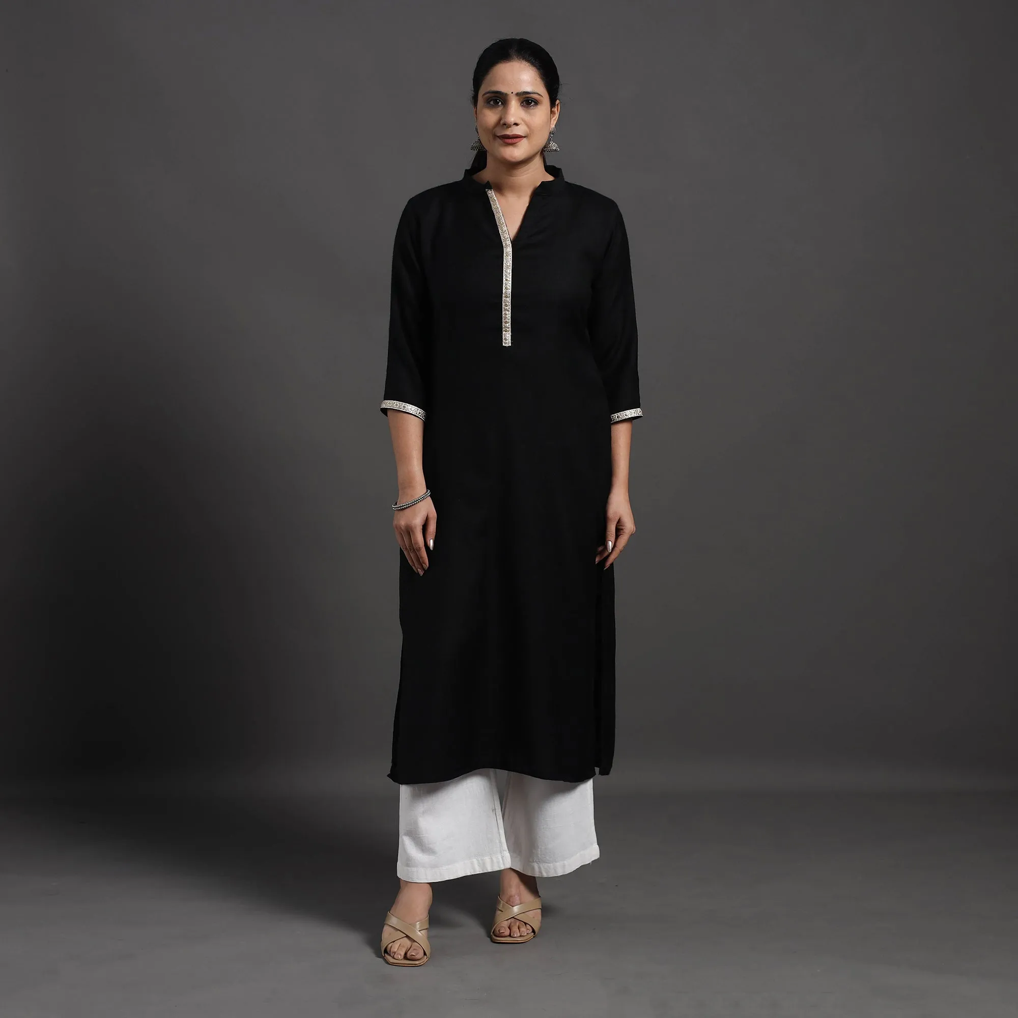 Black - Mahnoor Plain Handwoven Merino Woolen Kurta