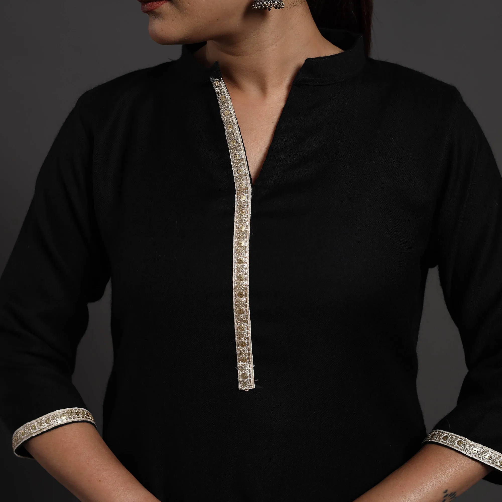 Black - Mahnoor Plain Handwoven Merino Woolen Kurta