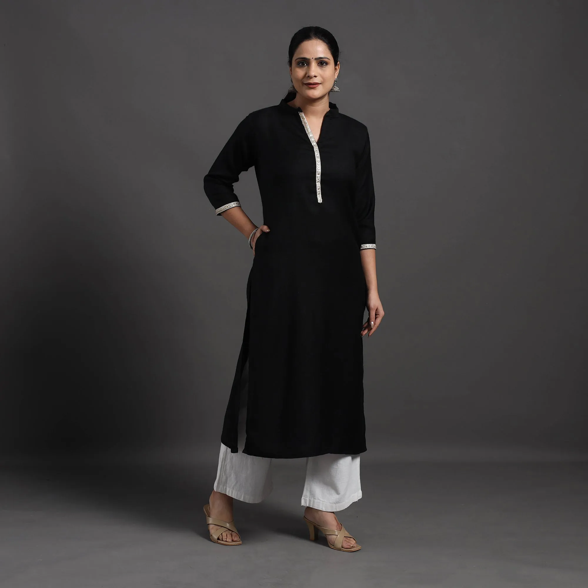 Black - Mahnoor Plain Handwoven Merino Woolen Kurta