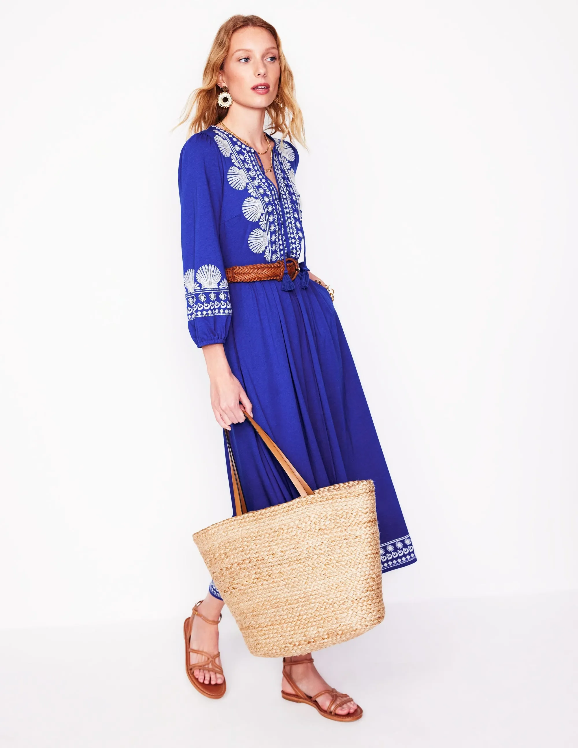 Embroidered Notch Neck Dress-Bright Blue, Ivory