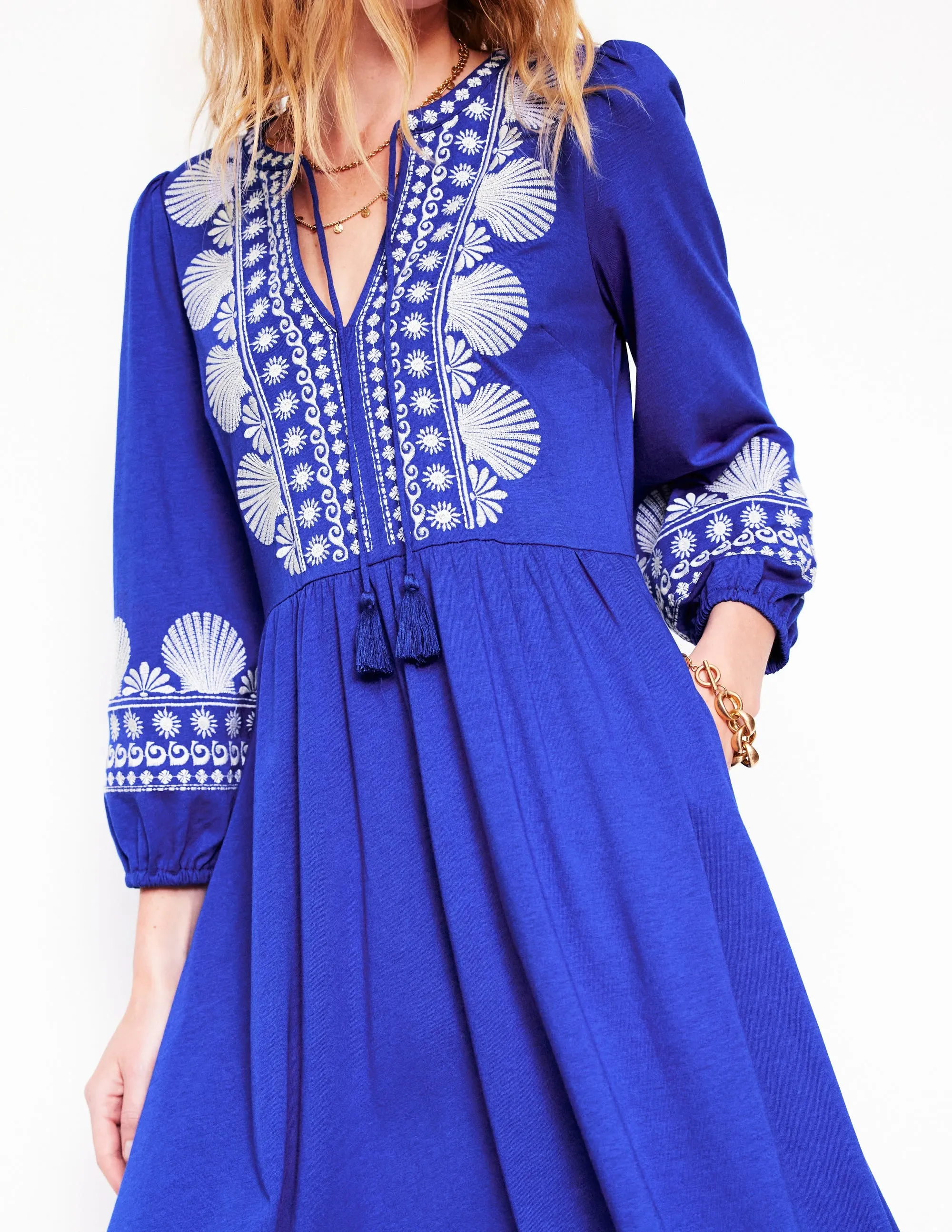 Embroidered Notch Neck Dress-Bright Blue, Ivory