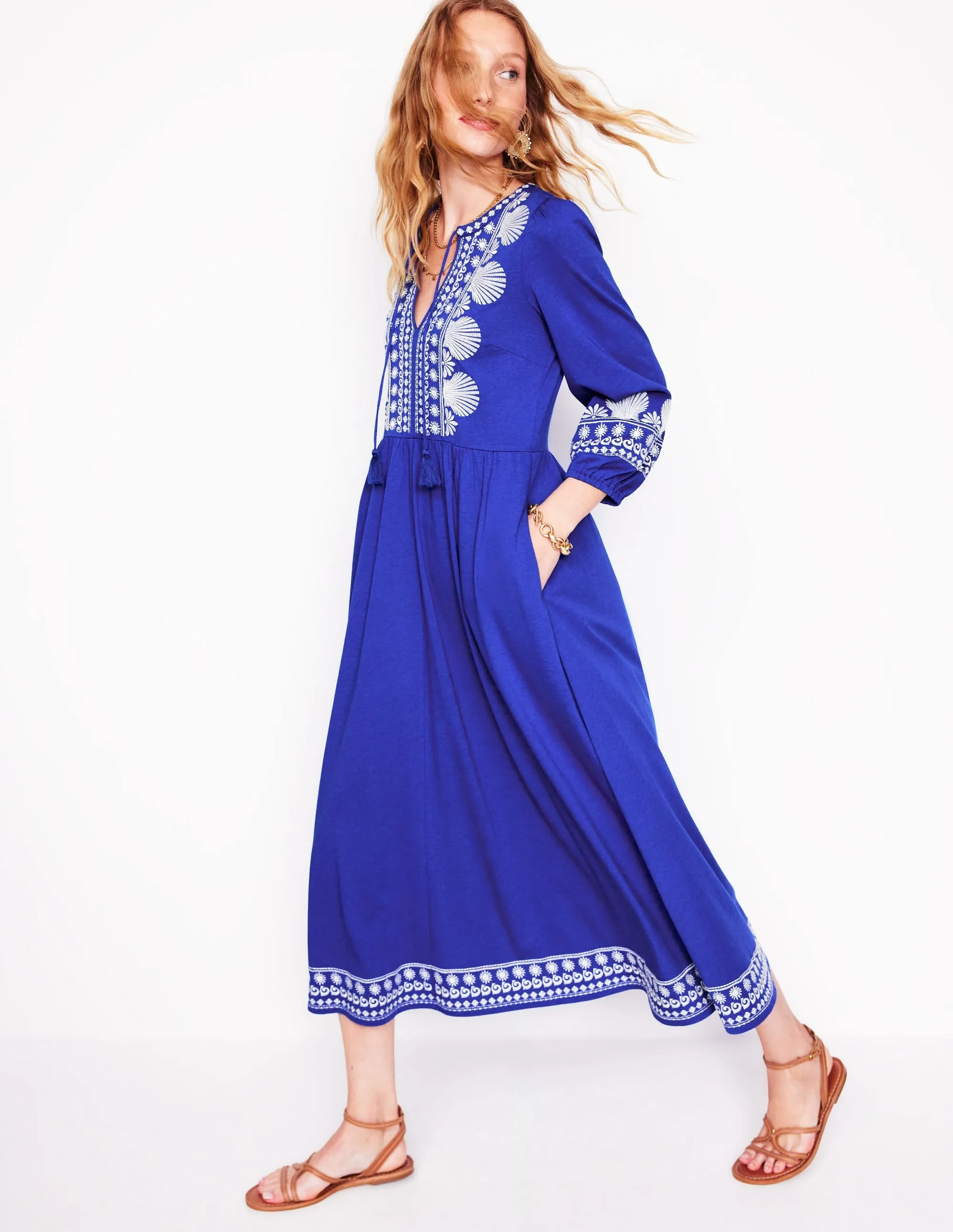 Embroidered Notch Neck Dress-Bright Blue, Ivory