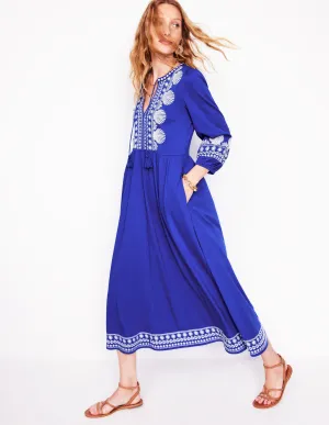 Embroidered Notch Neck Dress-Bright Blue, Ivory