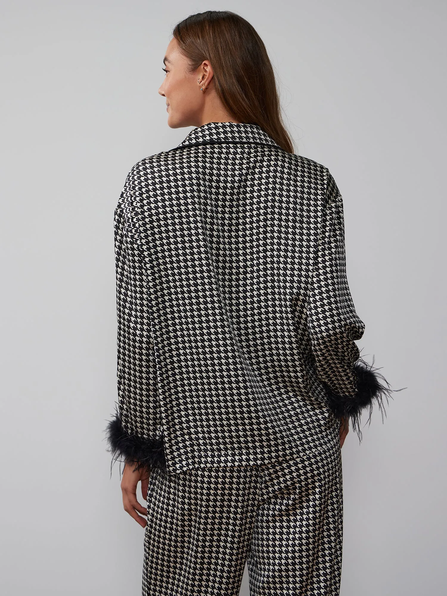 Houndstooth Feather Trim Pajama Top