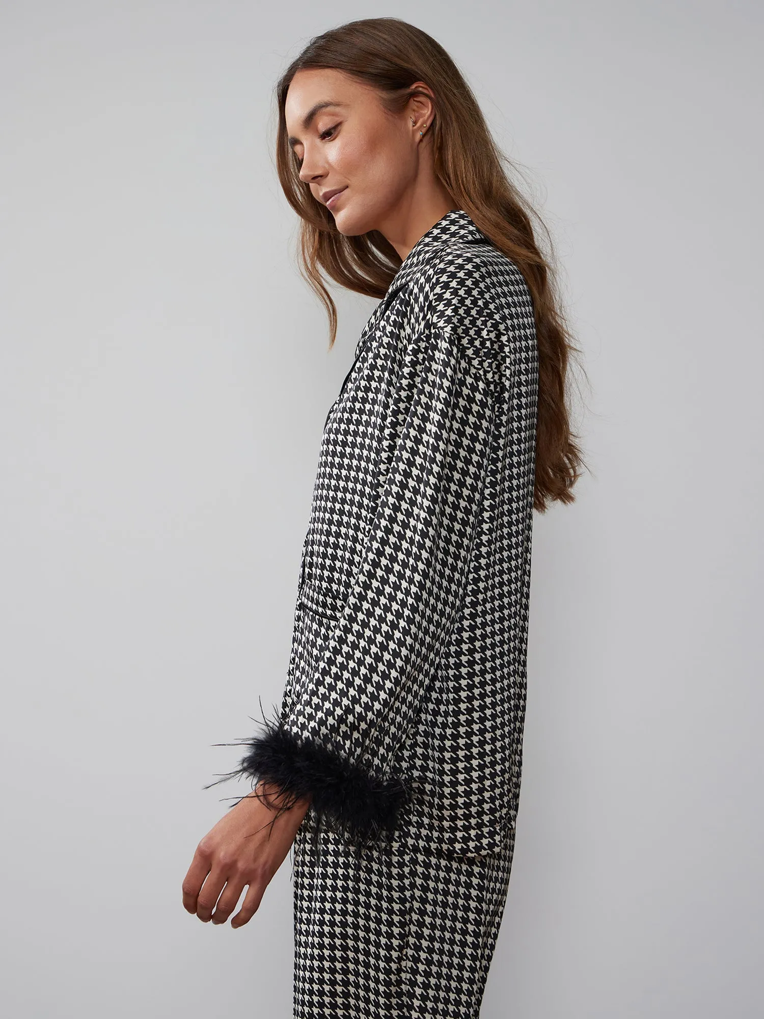 Houndstooth Feather Trim Pajama Top
