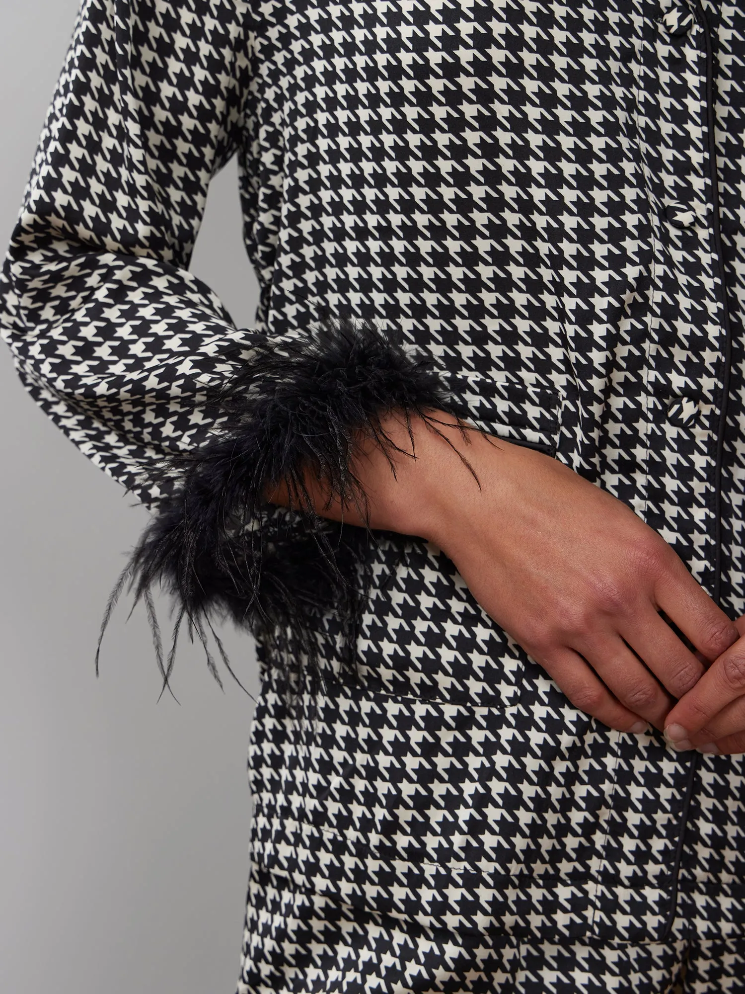 Houndstooth Feather Trim Pajama Top